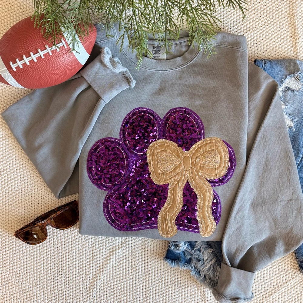 Comfort Colors Gray Sweatshirt with Purple Sequins Paw and Gold Glitter Bow